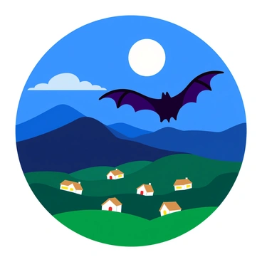 A large vampire bat with dark wings is swooping down from a bright full moon. The moon illuminates the night sky, casting a silvery light across the landscape. Below, a peaceful village is nestled among rolling hills. The village is composed of quaint houses with thatched roofs and softly glowing windows. The bat casts a long shadow over the village, creating an atmosphere of mystery as it flies silently through the night.