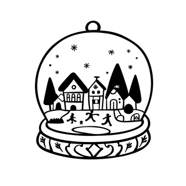 A transparent snow globe encases a tiny Christmas village. The village contains multiple small houses with pitched roofs, each adorned with detailed designs. There are tiny trees with snow-laden branches scattered throughout. In the center, a small ice skating rink is visible with tiny figures gliding across the surface. Snow falls gently inside the globe, creating a whimsical atmosphere. The base of the globe is decorated with intricate patterns, adding to the festive theme.