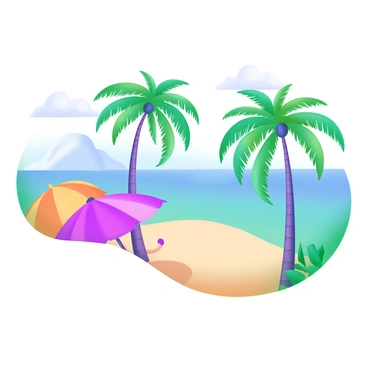 A tropical beach scene featuring soft, golden sand stretching along the shoreline. In the foreground, vibrant, multicolored umbrellas are set up on the sand, providing shade for beachgoers. Several tall palm trees with green fronds sway gently in the breeze, casting shadows on the ground. The backdrop shows a calm, turquoise ocean meeting the clear blue sky, with a few fluffy white clouds scattered above.