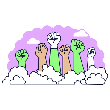A group of raised fists, each depicting different skin tones, is positioned together to form an arc in the sky. The fists are tightly clenched, symbolizing unity and strength. Each fist has distinct features, showcasing a variety of hand shapes and sizes. The background features a clear sky, with soft, wispy clouds scattered around, framing the vibrant display of unity represented by the raised fists.