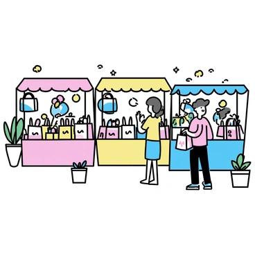 A bustling outdoor market scene, with various vendors set up in colorful booths. Each vendor has an array of custom-designed reusable bags made from recycled materials displayed prominently. The bags feature unique patterns and vibrant colors, showcasing artistic designs. Shoppers are seen browsing through the booths, some holding bags, while others engage in conversations with the vendors. There are potted plants and fruits in the background, adding to the lively atmosphere of the market. Sunlight casts soft shadows, creating a warm and inviting environment.