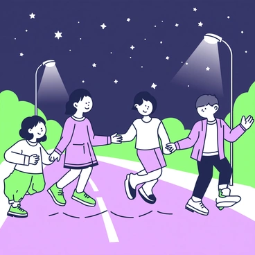 A group of children is jumping rope on a quiet street at night. The children are diverse in age and appearance, displaying joy and energy as they take turns with the rope. They are surrounded by streetlights casting a soft glow on the pavement. In the background, the sky is filled with numerous stars that twinkle brightly. Each child is wearing comfortable clothing suitable for play, and their expressions show excitement and laughter. The scene captures the lively spirit of nighttime play.