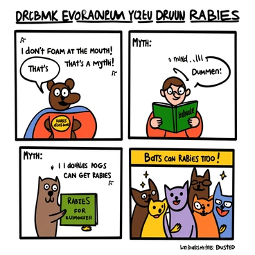 A comic strip featuring four panels that humorously debunks common myths about rabies. The first panel shows a cartoon dog with exaggerated big eyes wearing a superhero cape, proudly declaring, "I don't foam at the mouth! That's a myth!" The second panel depicts a person reading a book titled "Rabies for Dummies" with a surprised expression, saying, "Myth: Only dogs can get rabies!" The third panel illustrates a cartoon bat with a big smile, wearing glasses and holding a sign that reads, "Bats can have rabies too!" In the final panel, a group of animals, including a dog, a cat, and a bat, are laughing together, with the caption "Rabies myths: Busted!" above them. Each panel is colorful and filled with playful expressions, enhancing the lighthearted tone of the strip.