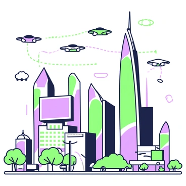 A sprawling futuristic cityscape is visible, featuring numerous towering skyscrapers made of glass and steel. The buildings vary in height and design, with some having curved surfaces and others displaying angular shapes. Above the city, several flying cars zip through the sky, leaving trails behind them. Some cars are clustered together, while others are in the distance, creating a sense of movement. The streets below are bustling with activity, with small drones delivering goods and pedestrians walking along the sidewalks. A large digital display is mounted on one of the skyscrapers, showcasing vibrant advertisements and information.