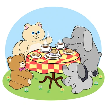 A fluffy ragdoll cat with blue eyes sits at a small round table, enjoying a tea party with a variety of stuffed animal friends. The table is covered with a colorful, checkered tablecloth. On the table, there are several tiny teacups filled with steaming tea and a plate of freshly baked cookies. Beside the ragdoll cat, a soft teddy bear wearing a little bow tie holds a cup, while a smiling rabbit with long ears appears to pour tea from a tiny teapot. Nearby, a plush elephant sits, playfully reaching for a cookie. The scene is set on a grassy lawn under a clear blue sky, with flowers blooming around the table, adding to the cheerful atmosphere.