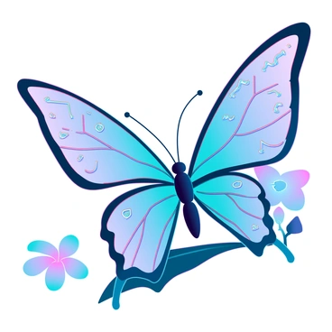 A butterfly with large, iridescent wings that reflect a spectrum of vibrant colors. Each section of the wings displays intricate patterns resembling musical notes and symbols, intertwined with flowing lines that evoke the sensation of sound. The body of the butterfly is slender and dark, contrasting sharply with the brightness of the wings. It is perched delicately on a leaf, surrounded by blooming flowers that enhance the lively atmosphere. The background is softly blurred, emphasizing the butterfly as the focal point of the image.