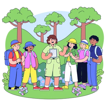 A biologist with short brown hair is standing in a lush green rainforest. They are wearing a light green shirt and cargo shorts. The biologist is gesturing enthusiastically while holding a clipboard with notes. Surrounding them is a diverse group of hikers, wearing colorful hiking gear and hats, looking intently at the biologist. In the background, tall trees with thick trunks and dense foliage create a vibrant green canopy, while a few colorful flowers and tropical plants can be seen near the ground.
