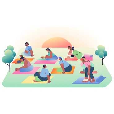 A group of participants is gathered for an outdoor yoga class at sunrise. The sky is filled with soft shades of orange and pink as the sun rises on the horizon. Several colorful yoga mats are laid out on a grassy area, neatly arranged in rows. The participants, dressed in comfortable athletic wear, are stretching and preparing for the class. Some are standing in a relaxed position, while others are sitting cross-legged on their mats, enjoying the peaceful morning atmosphere. Nearby, a few trees provide gentle shade, and the early morning light casts a warm glow over the scene.