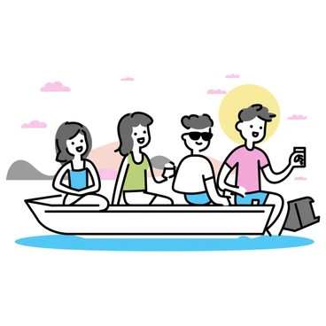 A group of four friends is sitting on a small boat. The boat is gently swaying on the water, with the sun setting on the horizon, casting warm hues of orange and pink across the sky. Each friend is smiling and enjoying the moment; one woman is wearing a light blue sundress, while another is in a green tank top and white shorts. A man is dressed in a casual white shirt and denim shorts, holding a drink, and another man is wearing a red t-shirt with sunglasses resting on his head. The ocean is calm, reflecting the colorful sky, and in the distance, there are silhouettes of islands.