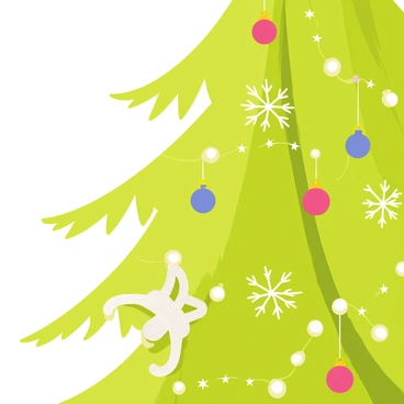 A Christmas tree adorned with vibrant green branches, decorated with colorful baubles and twinkling white lights. Hanging from one of the branches is a "sparkling wishbone ornament" that shines brightly. The ornament features intricate details and a shimmering surface that catches the light, creating a festive atmosphere. A few snowflakes are delicately resting on the tree, enhancing the holiday charm.