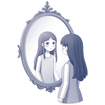 A girl stands in front of a large, ornate mirror. Her expression reflects sadness, and tears are rolling down her cheeks, capturing the light as they fall. The mirror’s frame is intricately designed with floral patterns. The girl has long hair that cascades down her shoulders, and she is wearing a simple, soft fabric dress. Her eyes are filled with emotion as she gazes at her reflection, creating a poignant visual of vulnerability and introspection.
