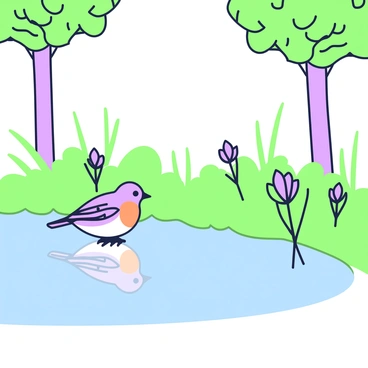 A robin is perched at the edge of a calm pond, looking intently at its own reflection in the water. The bird has a bright orange chest and a smooth, rounded body, with a small beak that is slightly open. The surface of the pond is perfectly still, creating a clear mirror image of the robin. Surrounding the pond, there are clusters of lush green grass and a few delicate purple flowers peeking through. In the background, several trees with thick trunks and numerous leaves create a serene setting, framing the scene.