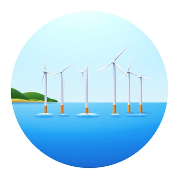 A series of wind turbines positioned off the coast, standing tall on the surface of the calm blue ocean. The turbines have sleek white blades, turning gently in the breeze. In the background, a clear sky with a soft gradient of blue and white creates a serene atmosphere. Gentle waves lap against the turbines' bases, while distant land is faintly visible along the horizon, adorned with green hills. The overall scene conveys a sense of harmony between technology and nature.
