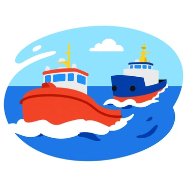 A powerful tugboat with a bright red hull is pulling a large cargo ship through the water. The tugboat is positioned at the front, straining against the weight of the ship, which has a blue and white exterior. The water around them is churning, with visible waves and splashes indicating the displacement caused by their movement. The sky is clear with a few fluffy white clouds, reflecting off the surface of the water, which is a deep blue shade. The scene captures the force and activity of the tugboat as it maneuvers the larger vessel.