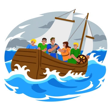 A group of five warriors wearing armor and sturdy clothing stands on the deck of a ship, gripping the ship's wheel tightly. The ocean waves are crashing dramatically against the sides of the vessel, splashing high into the air. Each warrior displays a determined expression, showcasing their resolve in the face of the storm. The sky is gray and turbulent, with dark clouds swirling above, while gusts of wind whip through their hair and clothing. The ship is a rugged wooden vessel with sails billowing in the strong winds, giving a sense of motion and urgency to the scene.