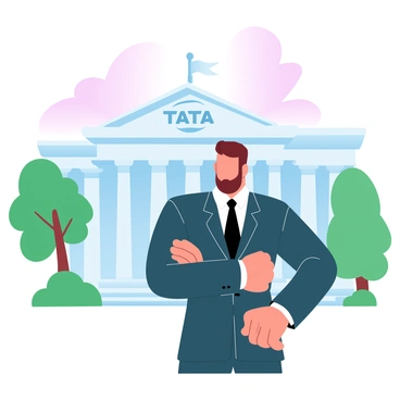 A man in a formal suit is standing confidently in front of a historic Tata building. The building showcases intricate architectural details, with grand pillars and large windows that reflect a sense of heritage. The man has a distinguished appearance, with neatly combed hair and an air of authority. Surrounding the building are lush green trees that add to the elegance of the scene. The sky above is a gradient of pastel colors, transitioning smoothly from soft pink to gentle blue, enhancing the overall ambiance.