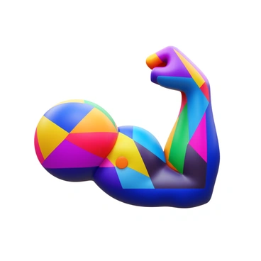 A 3D icon of an abstract silhouette of a flexed arm. The arm features vibrant, colorful geometric patterns that cover its surface, creating a striking visual effect. The arm is positioned with the bicep prominently displayed, showcasing the muscular shape. The geometric patterns include triangles, circles, and lines in a variety of colors, enhancing the overall design of the silhouette.