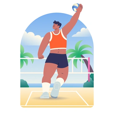 A volleyball player with a tanned complexion and short black hair is serving the volleyball with perfect form. The player is wearing a bright orange tank top and black shorts. Their left arm is fully extended above their head, holding a white volleyball, while their right arm is pulled back in preparation for the serve. In the background, there is a clear blue sky with a few fluffy white clouds, creating a vibrant atmosphere. The sandy court features white boundary lines, and there are a few palm trees swaying gently in the breeze nearby.
