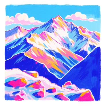 Dramatic snowy mountains rise majestically in the background, their peaks glistening in the sunlight. The mountains are covered with a thick blanket of white snow, contrasting sharply against the deep blue sky. Fluffy white clouds drift lazily above, adding softness to the scene. Below, a rocky foreground is visible, enhancing the rugged beauty of the landscape.