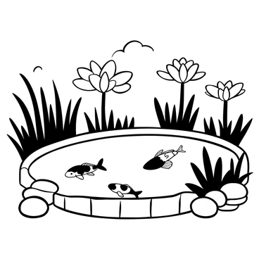A koi pond with multiple colorful koi fish swimming beneath large, round lily pads that float on the surface of the water. The pond is surrounded by clusters of tall grass and reeds, creating a natural border. The water ripples gently, reflecting the shapes of the lily pads above. Several smooth stones are placed around the edge of the pond, enhancing the serene atmosphere.