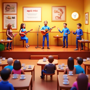 A cozy café interior with warm lighting. The scene features an open mic stage where various performers are sharing their talents. There is a musician playing an acoustic guitar, a poet reciting verses, and a stand-up comedian making the audience laugh. The audience is made up of engaged listeners, some clapping and others smiling. Tables with coffee cups and snacks are scattered throughout the café, adding to the inviting atmosphere. The walls are decorated with artwork, enhancing the creative vibe of the space. "Open Mic Night" is visibly displayed on a sign near the stage.