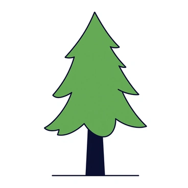 A tall pine tree with a slender trunk and green needles. The tree stands prominently on a flat surface. The background is a smooth white color, creating a stark contrast with the dark green of the pine tree. The branches of the tree extend outward, providing an unadorned yet clear silhouette.