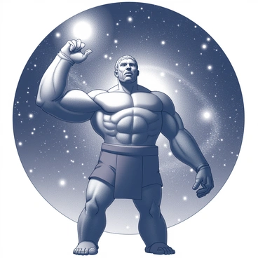 A giant titan stands with a powerful posture, reaching up with one massive arm towards a multitude of twinkling stars. The titan has intricate details on its muscular form, showcasing veins and defined muscles. Behind the titan, a galaxy is visibly swirling, featuring clusters of stars and celestial bodies. The night sky is filled with a sense of depth, as various constellations emerge amidst the dark backdrop, creating a sense of vastness. The overall composition captures the grandeur of the titan against the cosmic expanse.