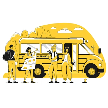 A group of four friends standing together next to a yellow bus, preparing to board for a weekend road trip adventure. They are wearing casual clothing and backpacks, displaying excitement on their faces. One friend is holding a large map, while another is checking a camera. The bus features large windows and a prominent sign indicating the destination. In the background, a clear sky and green trees can be seen, setting the scene for their journey.