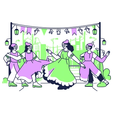 A dystopian festival takes place in an abandoned urban area. In the foreground, several masked figures are dancing energetically. They wear intricate masks that obscure their identities, with flowing garments that move gracefully with their movements. The figures are surrounded by makeshift decorations, including tattered banners and dim lanterns that hang from dilapidated structures. In the background, sporadic glimpses of a dreary, plague-ridden landscape are visible, with signs of decay and deserted streets. The atmosphere conveys a stark contrast between the lively dance and the somber environment.