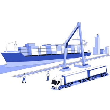 A large cargo ship is docked at a busy port, with containers stacked on its deck. A crane is unloading containers from the ship, lowering them onto a flatbed truck waiting nearby. Next to the truck, a freight train is parked on adjacent tracks, with its cargo cars ready to receive containers. Workers are moving efficiently, coordinating the transfer of goods, wearing safety vests and helmets. The background features industrial buildings and other transport vehicles, creating an atmosphere of bustling logistics activity. The sky is clear, emphasizing the focus on the operations taking place.