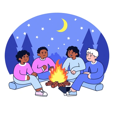 A group of three friends sitting around a campfire. The friends are wearing cozy sweaters and relaxed expressions. The campfire is crackling, with bright orange flames rising and glowing embers scattered around. Above them is a starlit sky filled with twinkling stars and a soft crescent moon. The friends are seated on simple wooden logs arranged in a circle around the fire. In the background, there are silhouettes of trees framing the scene.