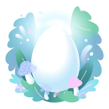 A lush, enchanted forest filled with towering trees and vibrant green foliage surrounds a giant egg at the center. The egg is large and smooth, with a subtle glow emanating from its surface, casting a gentle light on the ground. Small flowers and mushrooms with intricate patterns grow around the base of the egg, and soft beams of light filter through the leaves above, creating a magical atmosphere. Delicate wisps of mist curl around the egg, adding an air of mystery to the scene.