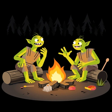 A dark night scene featuring a small campfire surrounded by three goblins. The goblins have green skin and exaggerated features, each wearing tattered clothing. One goblin is animatedly gesturing while telling a story, and the others listen intently, sitting on logs. The fire casts a warm orange glow on their faces, illuminating their wide eyes and sharp teeth. Nearby, there are a few scattered items like a wooden spoon and a small pot, adding to the rustic atmosphere of the campfire setting. The background is filled with tall, shadowy trees, creating a sense of depth and wilderness.