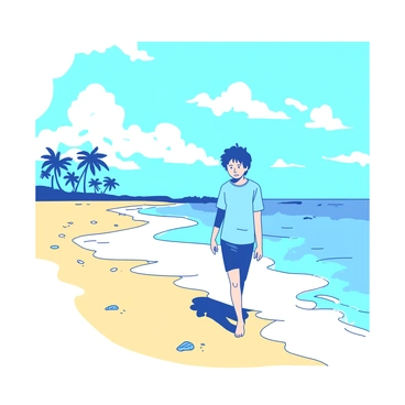 Ayanokoji is walking along a beach with soft golden sand under his feet. The waves are gently lapping at the shore, creating a rhythmic sound as they meet the sand. He is wearing a casual outfit, consisting of a light blue shirt and comfortable shorts. The sky above is bright with scattered white clouds, adding to the peaceful atmosphere. In the background, there are a few distant palm trees swaying lightly in the breeze. Ayanokoji's expression is calm and contemplative as he strolls along the water's edge, occasionally glancing down at the small shells scattered along the sand.
