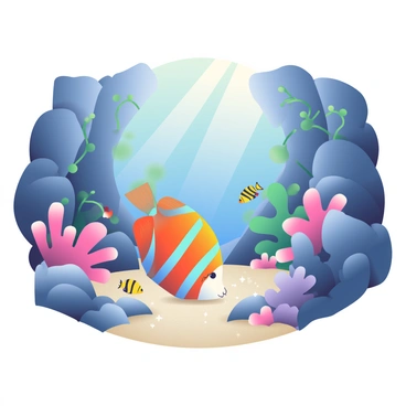 A vibrant tropical fish with bright orange and blue stripes is swimming among the rocks in an underwater cove. The fish is curiously exploring the small crevices and nooks, with its fins gently fanning out. Surrounding the fish, there are various shades of coral in hues of pink and purple, providing a rich backdrop. Sunlight filters through the water surface, creating sparkling patterns on the sandy bottom. A few other fish, including a yellow and black striped one, can be seen darting nearby. The rocky walls of the cove are covered in clusters of seaweed, adding to the underwater landscape.