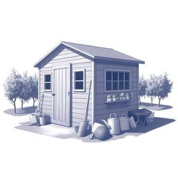 A rustic toolshed in a vineyard surrounded by gardening equipment