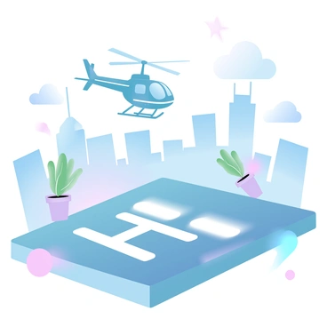 A helicopter is descending towards a rooftop helipad, which is marked with a large white "H" symbol. The city skyline is visible in the background, showcasing a variety of tall buildings with glass facades reflecting the sunlight. Surrounding the helipad are a few potted plants, adding a touch of greenery. The sky above is filled with gradient pastel colors, creating a soft ambiance. A couple of clouds float in the sky, complementing the serene setting. The scene captures the dynamic energy of the city below, with distant vehicles visible on the streets.