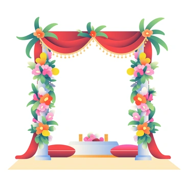 A mandap is elegantly constructed with four pillars, each wrapped in a vibrant array of fresh flowers and garlands. The flowers include shades of pink, orange, yellow, and white, creating a striking contrast against the natural greenery. The fabric drapes hanging from the top of the mandap are soft and flowing, featuring colors like deep red and gold, which complement the floral decorations. Below the mandap, there is a simple wooden altar adorned with additional flower arrangements, and soft cushions in rich colors are arranged for sitting. The ground is covered with a light-colored mat, enhancing the overall festive atmosphere.