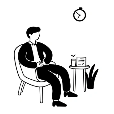 A candidate sitting in a wooden chair, with hands resting on their lap while tapping fingers nervously. The candidate is wearing a formal outfit with a neatly pressed blazer. A small table stands nearby, holding a stack of resumes and a glass of water. A clock on the wall shows the time, indicating the approach of the interview. The environment has a professional vibe, with a potted plant in the corner and muted lighting creating a focused atmosphere.