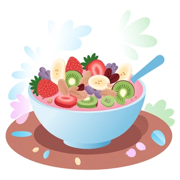 A colorful smoothie bowl sits on a wooden table, filled with a thick, vibrant blend of fruits. The bowl is garnished with an array of nuts, seeds, and neatly arranged slices of fresh fruits like strawberries, bananas, and kiwis. A small spoon rests beside the bowl, and a few whole nuts and seeds are scattered around the base of the bowl, adding texture to the scene. The background features a hint of greenery, suggesting a fresh and healthy atmosphere.