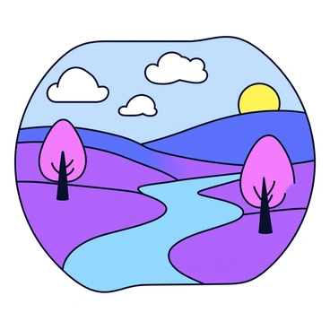 A landscape featuring rolling hills and a distant mountain range. The sky is filled with vibrant colors, with a bright yellow sun setting on the horizon. The grass is a deep purple, and the trees have pink leaves. A river flows through the scene with a striking turquoise hue. There are fluffy white clouds scattered across the sky, all contributing to the overall surreal effect of the landscape.
