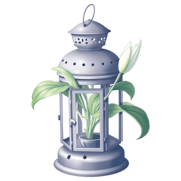 A vintage lantern with intricate metalwork is prominently displayed. Inside the lantern, a healthy peace lily plant is growing, its large, glossy leaves extending upward gracefully. The lantern's glass panels are clear, showcasing the lush green foliage within. The base of the lantern features aged patina, highlighting its old-fashioned charm. Soft shadows are cast by the lantern, creating a gentle contrast with the surrounding area.