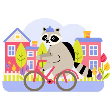 A cute raccoon with gray fur and a striped tail is riding a small red bicycle. The raccoon is wearing a tiny blue helmet. The street is colorful, lined with various flowers in bright hues of red, yellow, and purple. The background features cheerful houses with colorful facades. The sky is clear blue, adding to the vibrant atmosphere.