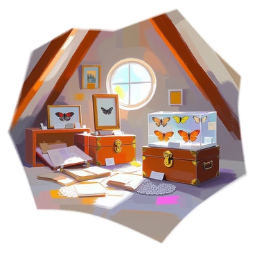 An attic filled with Victorian memorabilia features an array of antique items including ornate frames holding faded photographs, delicate lace doilies, and a vintage trunk overflowing with old letters and postcards. The wooden beams of the attic are exposed, casting soft shadows on the floor. A collection of moth specimens, preserved in glass display cases, is arranged on a wooden shelf. Each specimen is labeled, showcasing their intricate wing patterns and colors, while dust particles float gently in the sunlight streaming through a small, round window. The atmosphere is nostalgic, evoking a sense of history and curiosity.