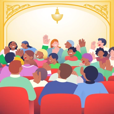 An audience in a grand theater is giving a standing ovation after a performance. The crowd consists of people of various ages and ethnicities, all clapping enthusiastically. Some audience members are smiling widely, while others are cheering with their hands raised in excitement. The theater has ornate decorations, with gilded details and plush red seating filling the foreground. Soft lighting illuminates the faces of the audience, creating a warm atmosphere. In the background, the stage is partially visible, hinting at the performers who have just finished their act. A large chandelier hangs elegantly from the ceiling, adding to the grandeur of the setting.