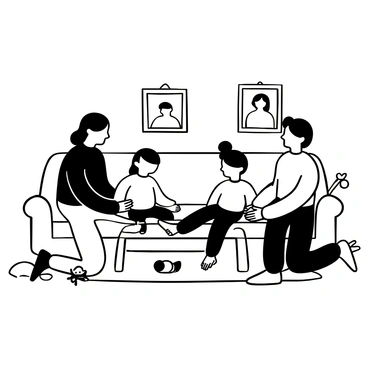 A cozy living room setting with a soft rug on the floor. Two parents are kneeling on either side of a coffee table, gently giving foot massages to their two children who are sitting comfortably on the couch. The parents have their hands on the children's feet, showcasing a loving interaction. The children, relaxed and content, have their eyes closed. Various soft toys are scattered around the room, enhancing the warm atmosphere. A few family photos are framed on the walls, adding a personal touch to the scene.