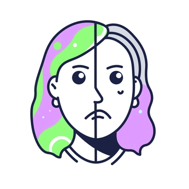 A person is depicted split down the middle, with the left half showcasing vibrant colors and patterns, while the right half is rendered in grayscale. The colorful side features bright hues and swirling designs, expressing emotion and creativity, while the grayscale side presents a stark, muted appearance with sharp angles and shadows, symbolizing conflict and turmoil. The person's expression reflects tension, with wide eyes and a slight frown. The background is neutral, allowing the split and contrasts of the figure to stand out prominently.