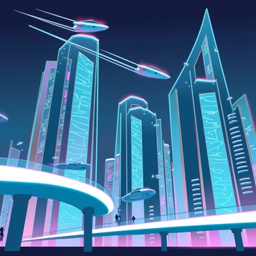 A futuristic cityscape featuring a skyline filled with tall skyscrapers made of glass and steel. The buildings have sleek, angular designs and emit a soft blue glow from their windows. Several flying cars zip through the sky, leaving trails of light behind them as they navigate between the high-rises. The sky is a deep shade of twilight, dotted with vibrant neon signs and holographic advertisements. Below, the streets are bustling with pedestrians and illuminated walkways that connect different levels of the city. The overall atmosphere is dynamic and filled with advanced technology.