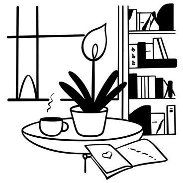 A peace lily in a ceramic pot sits on a wooden table. The table is positioned by a window, allowing natural light to filter in. The café is adorned with warm furnishings, including a bookshelf filled with books in the background and a patterned tablecloth underneath the plant. A steaming cup of coffee is placed beside the pot, casting soft shadows. Small decorative items, such as an open notebook and a pen, rest nearby on the table.