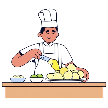 A chef wearing a white apron and a tall chef's hat is standing at a wooden countertop. The chef is using a metal scraper to expertly scoop melted raclette cheese. The cheese is draping over a mound of golden-brown boiled potatoes arranged neatly on a white plate. The scene is complemented by a small bowl of pickles placed next to the plate.